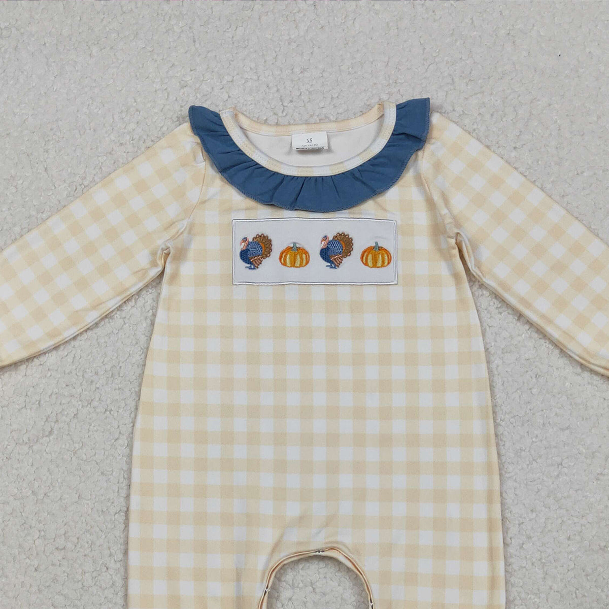 10.17 RTS NO MOQ （In stock）LR2438 Baby Girls Winter Rompers Embroidery Turkey Pumpkins Baby Girls Thanksgiving Ruffle Footie Rompers