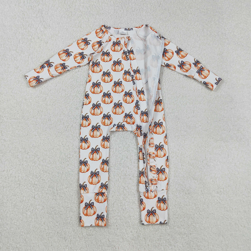 RTS NO MOQ （In stock）LR2557 Baby Boys Winter Rompers Black Plaid Bow Pumpkin Zipper Romper for Baby Girls Fall Season Outfit