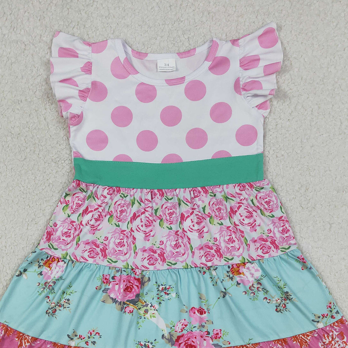 4.11 GSD4089 RTS NO MOQ （In stock ）Baby Girls Flutter Sleeve Flowers Patchwork Knee Length Dresses