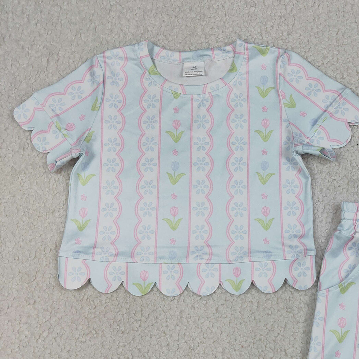 4.8 GSSO3412 RTS NO MOQ （In stock）Short sleeves light blue floral scallop kids girls summer outfits