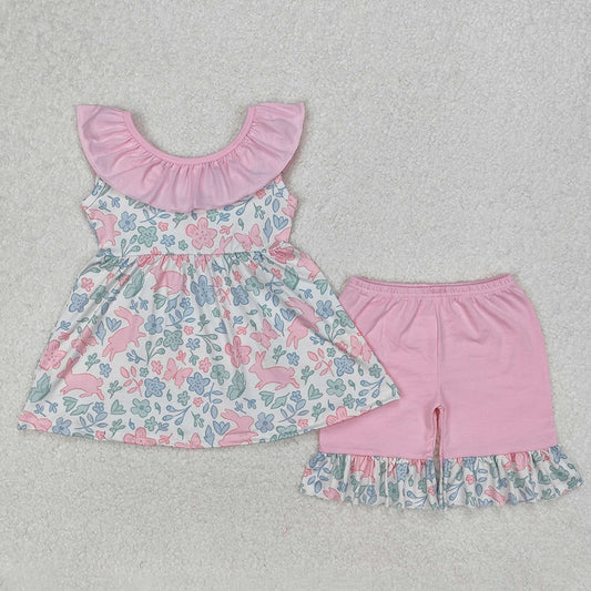 GSSO1881Girls Pink Ruffle Floral Bunny Tunic Short Set Easter Outfit Spring Clothing Toddler Kids Animal Print Headband Included