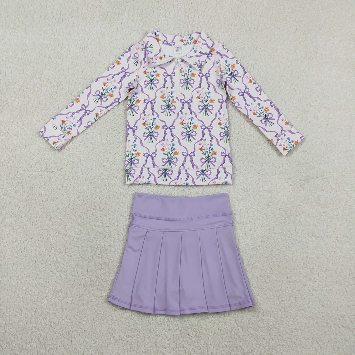 1.31 RTS NO MOQ （In stock）GT1371 Baby Girls Purple Bows Flowers Checked Yoga Active Zipper Pullovers Top