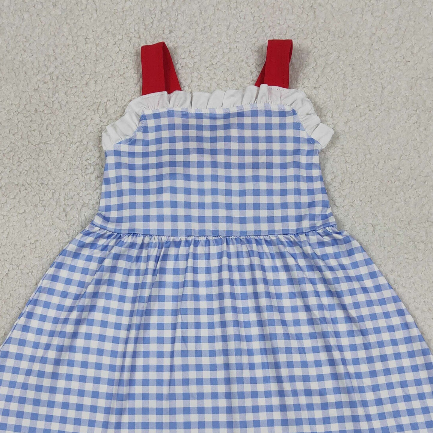 GSD3843 RTS NO MOQ （In stock）Straps white ruffle plaid kids girls summer dresses