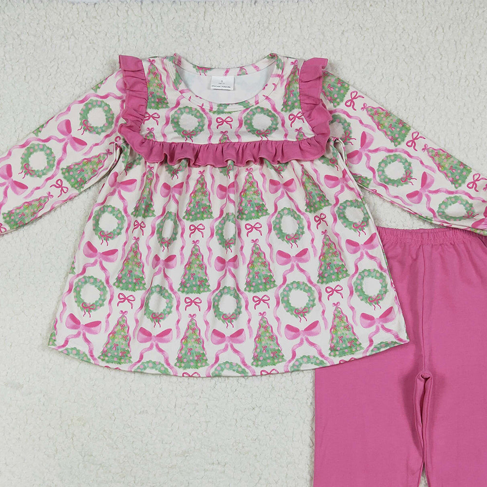 RTS NO MOQ （In stock） GLP2339  Baby Girls Winter Outfits Baby Girls Long Sleeves Trees Bows Tunic Ruffle Pant Set