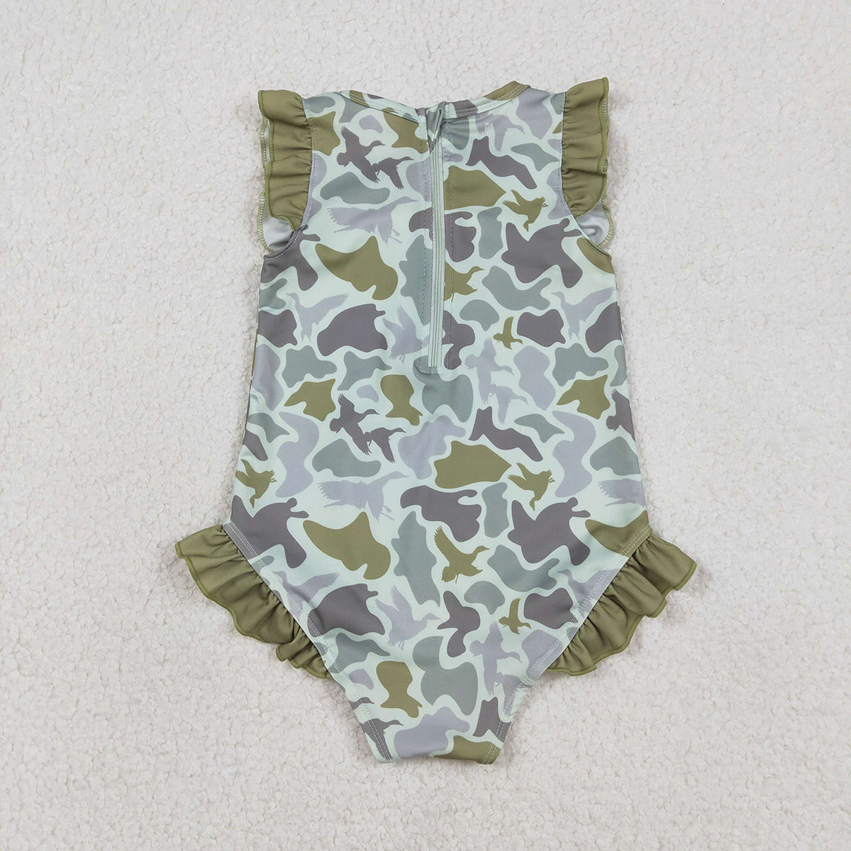 1.9 RTS NO MOQ （In stock）S0596 Baby Girls Southern Hunting Green Ducks Camo Ruffle Swimsuits