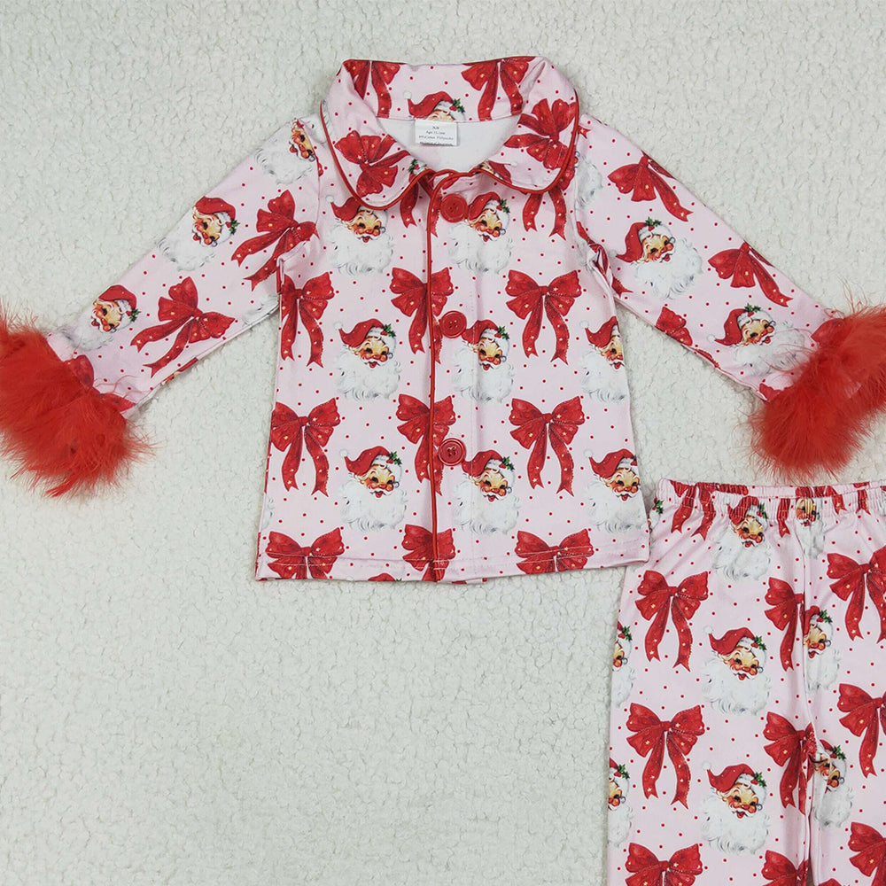 GLP2373 RTS NO MOQ Baby Girls Winter Outfits Baby Girls Red Christmas Fur Bows Santa Button Top Pants Pajamas Sets