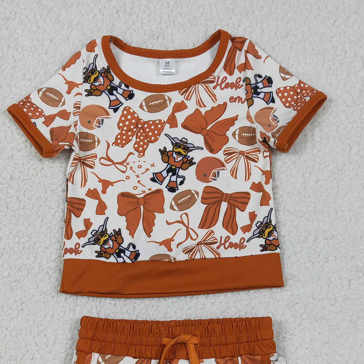 GSD3697 RTS NO MOQ （In stock ）Short sleeves football bow top skirt girls team active wear set