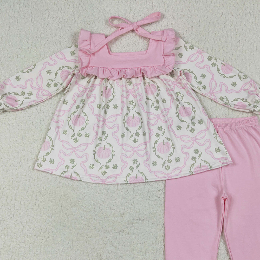 BT1256 RTS NO MOQ Baby Girls Winter Outfits Baby Girls Fall Pumpkins Bows Plaid Tunic Pink Ruffle Pant Sets