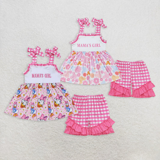 7.03 RTS NO MOQ Baby Girls Summer Outfits Pink plaid straps mama's girl duck floral girls clothes