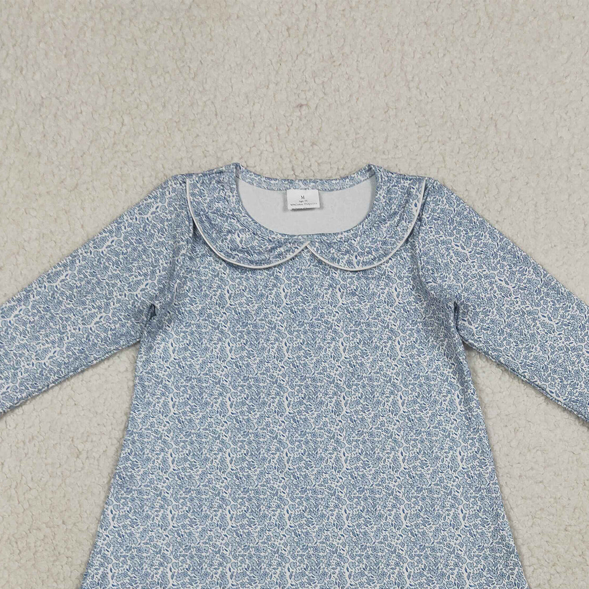 3.21 RTS NO MOQ （In stock）GLD1424 Kids Fashion Clothes Baby Girls Long Sleeve Blue Floral Ruffle Knee Length Dresses