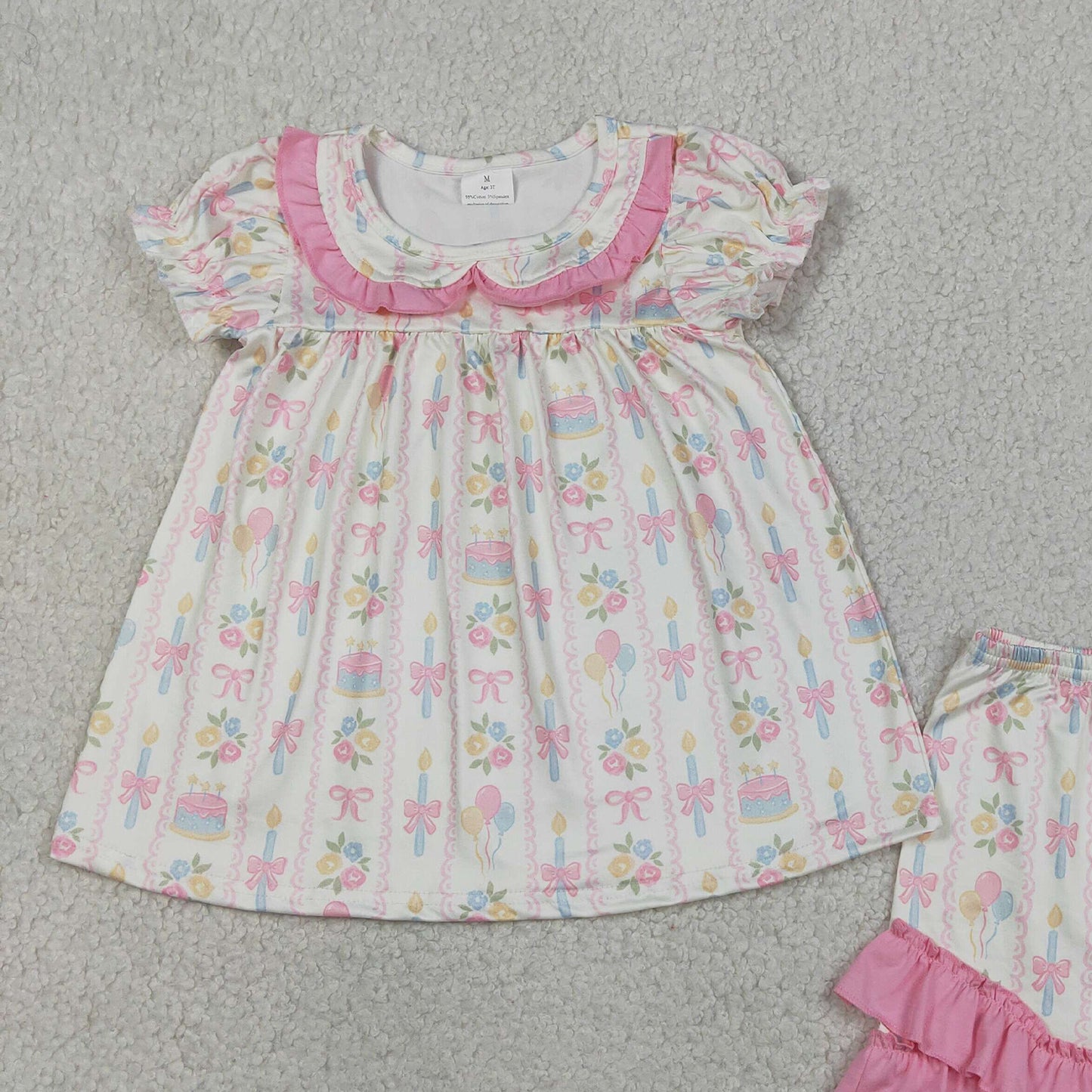 GSSO3445 RTS NO MOQ （In stock ）Short sleeves balloon floral bow girls happy birthday outfits