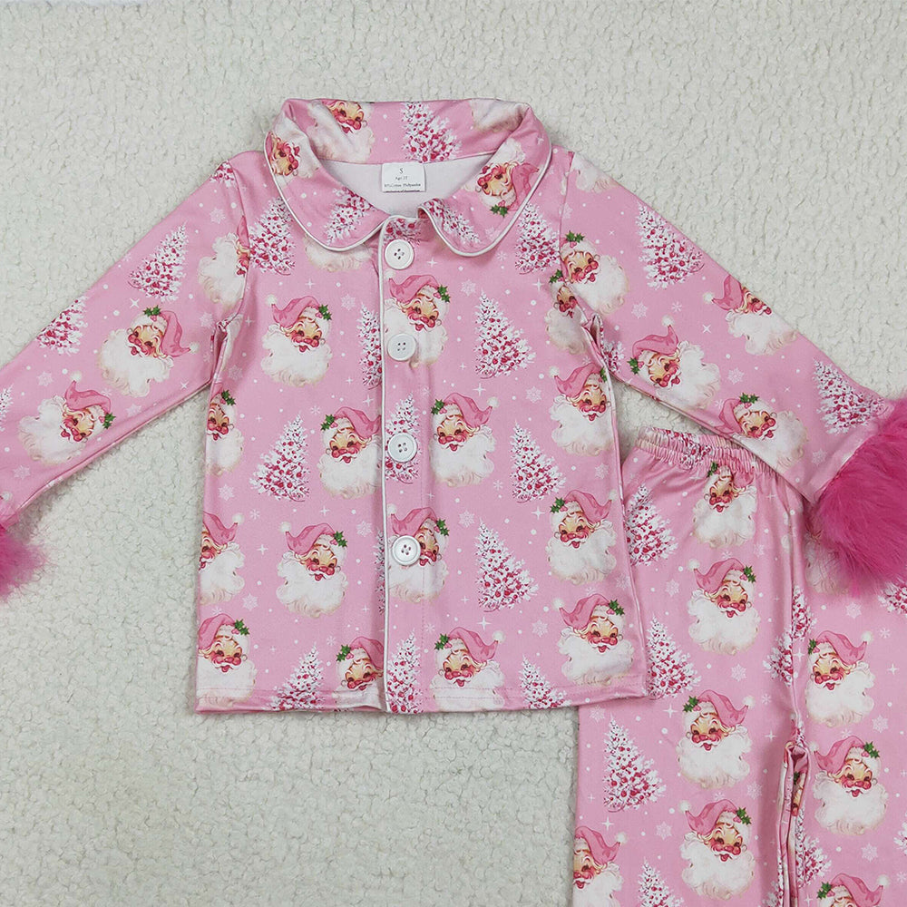 RTS NO MOQ （In stock）GLP2424 Baby Girls Winter Outfits Baby Girls Pink Fur Sleeve Santa Trees Button Top Pant Christmas Pajamas Set