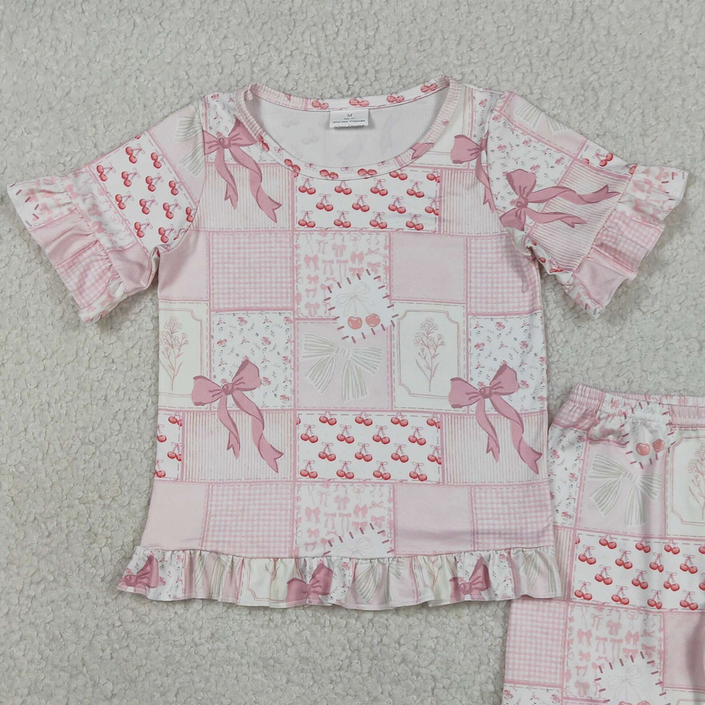 GSSO3321 RTS NO MOQ （In stock ）Baby Girls Bows Flowers Checked Top Ruffle Shorts Pajamas