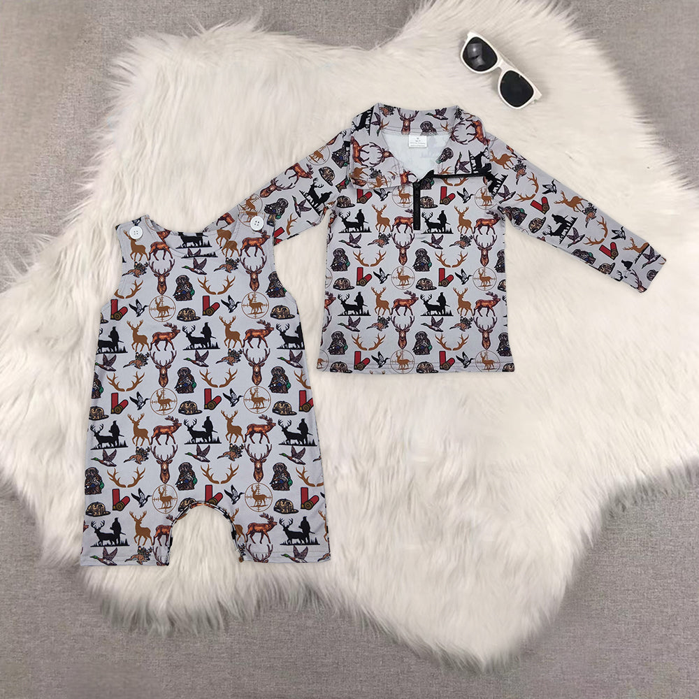 8.01  Sibling Long sleeves deer dog duck boys hunting zip pullover rompers