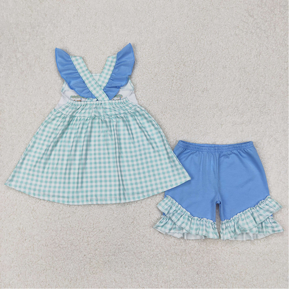 5.19  GSSO2148 RTS NO MOQ Flutter sleeves fishing plaid tunic shorts girls summer clothes