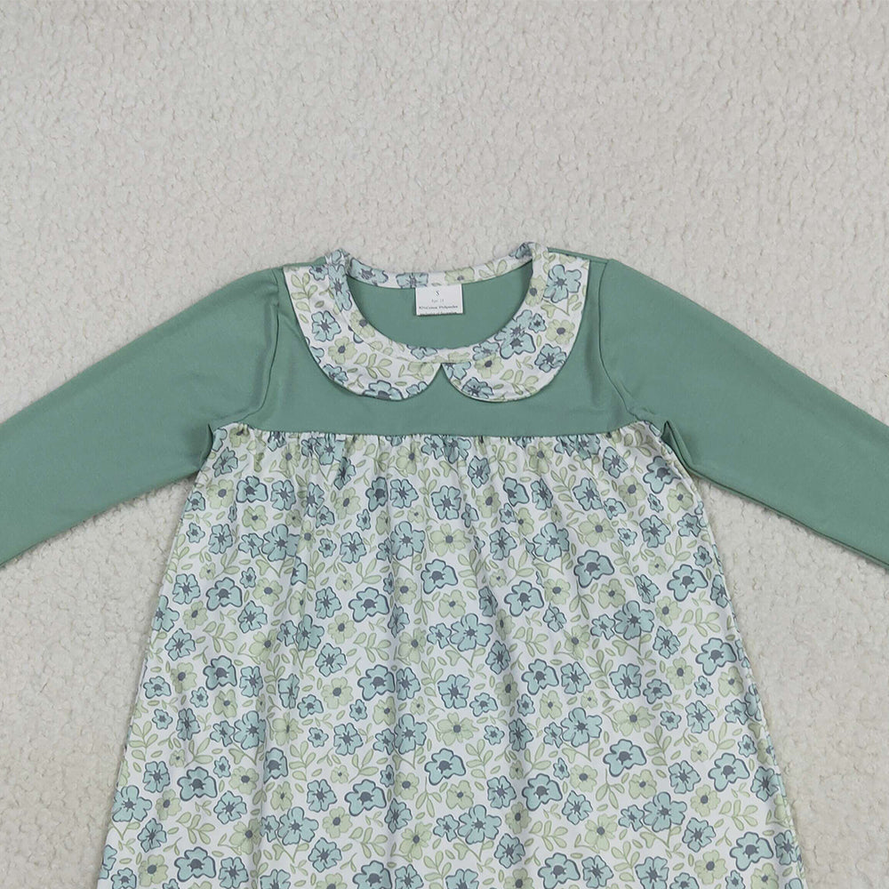 RTS NO MOQ （In stock）GLD1087 Baby Girls Winter Dress Baby Girls Aqua Long Sleeves Flowers Plaid Knee Length Dresses