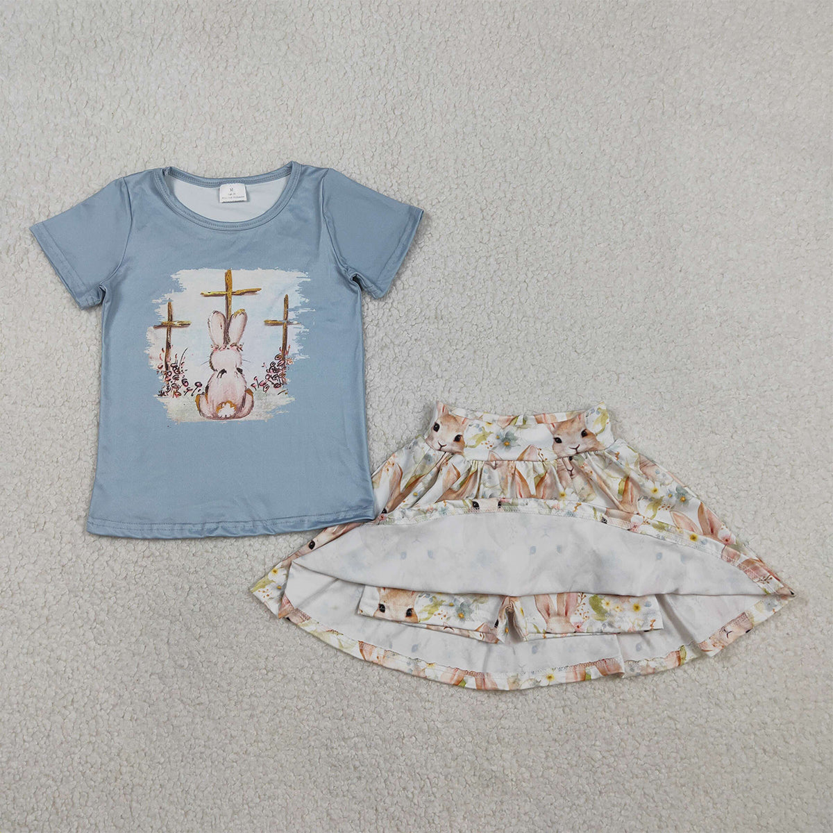 1.22 RTS NO MOQ （In stock）GSD3486 Baby Girls Short Sleeve Crosses Rabbit Top Skirt Shorts Easter Clothes Sets