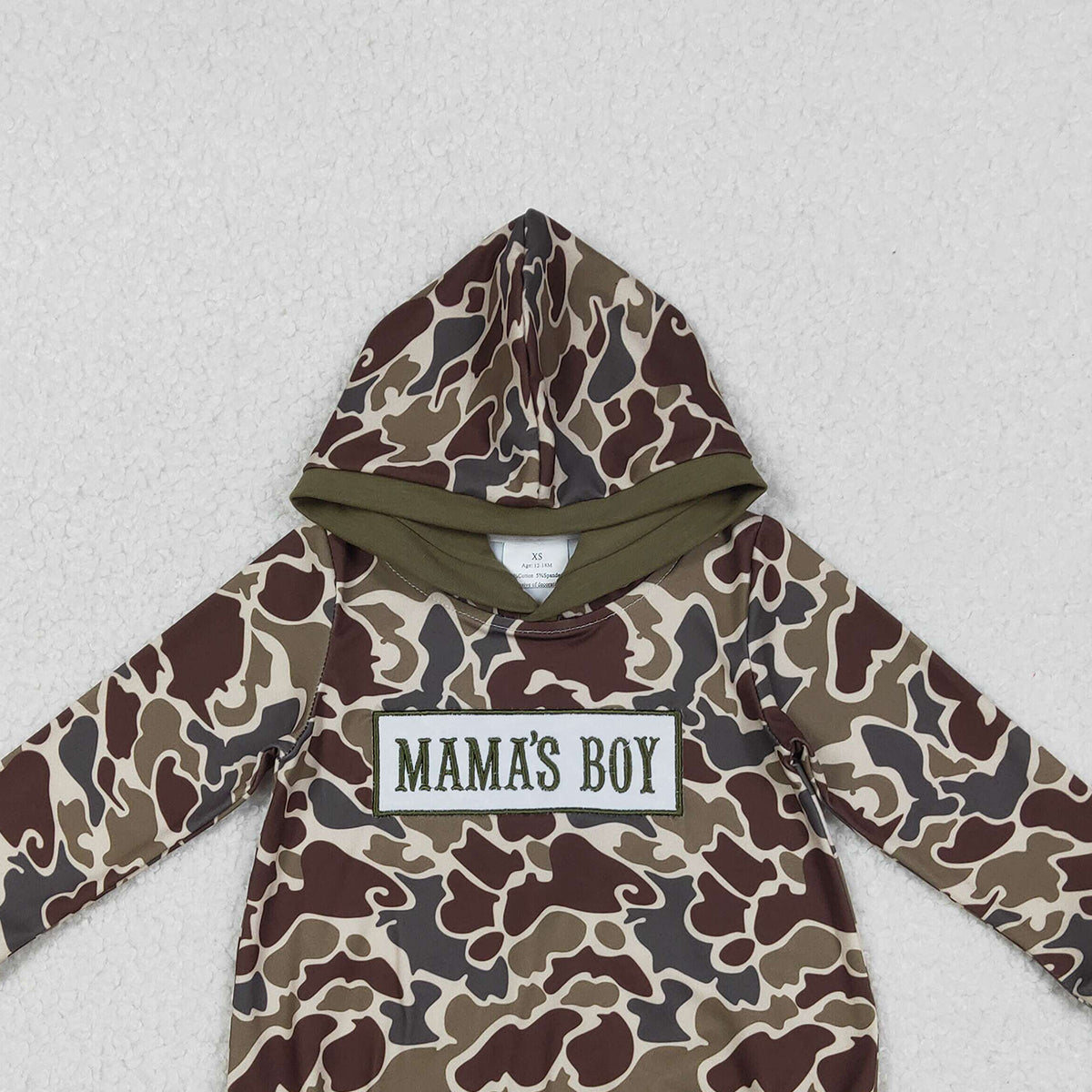 12.5 RTS NO MOQ （In stock）LR2791 Embroidery Mama's Boy Baby Boys Dark Khaki Camo Hoodie Rompers