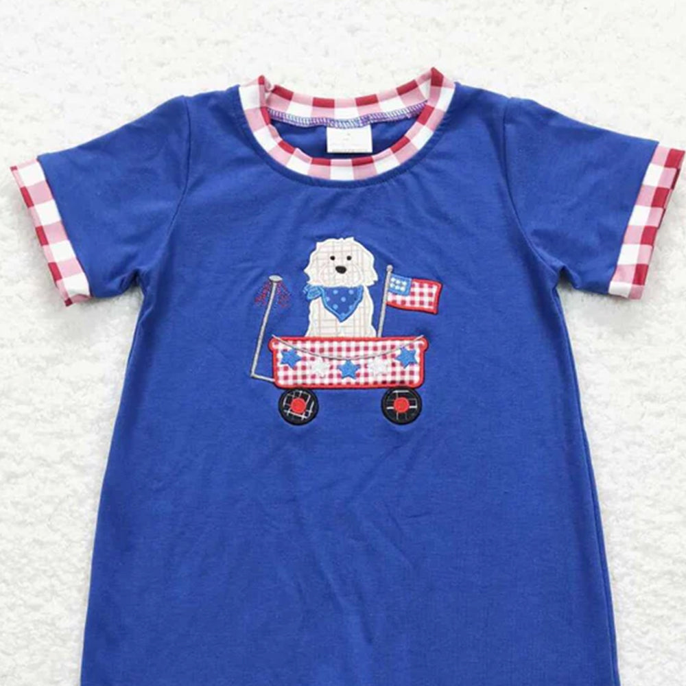 6.03  New Rts No Moq 8-9 Days By Air Arrived it Blue Short-Sleeved Baby Boy Onesie 4th of July Dog Print Outfit Set for Boys under 3 Years Old