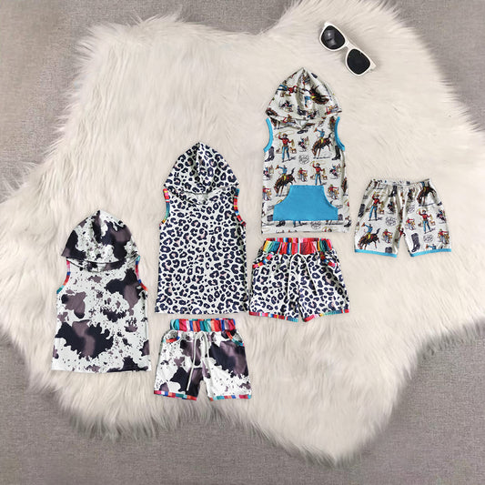 8.15 RTS Sibling Baby Boys Summer Boys Outfits Horse print sleeveless boy rodeo hoodie set