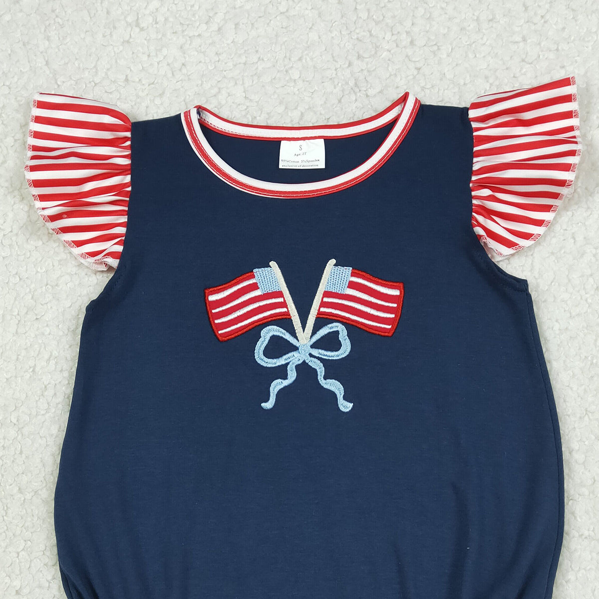 4.2 SR3903 RTS NO MOQ （In stock) Flutter sleeves flag bow embroidery baby 4th of july romper