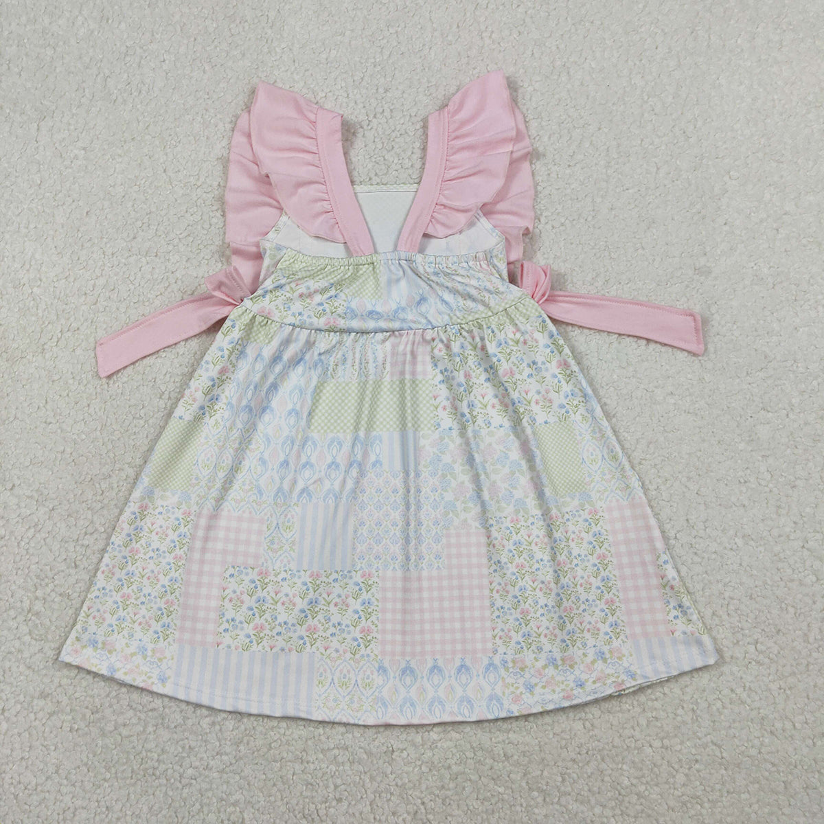 1.20 RTS NO MOQ （In stock）GSD3249 Baby Girls Flutter Sleeve Pink Flowers Checked Knee Length Dresses