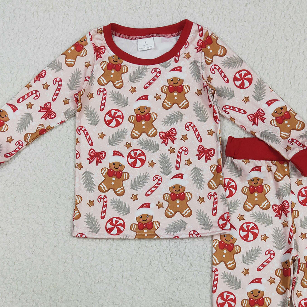 8.23 RTS NO MOQ （In stock）BLP1093 Baby Boys Winter Outfits Baby Boys Red Gingerbread Candy Cane Top Pant Christmas Pajamas Set