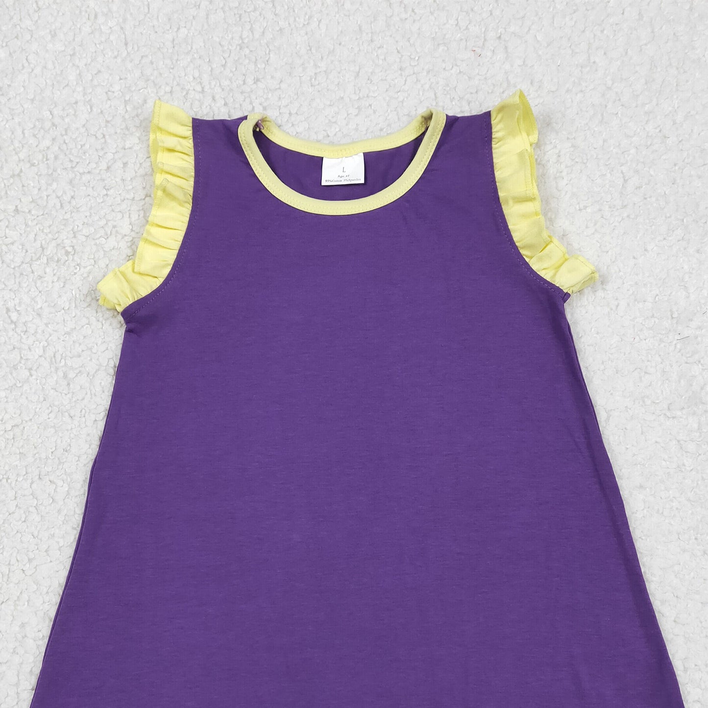 GSD4046 RTS NO MOQ （In stock）Yellow scallop ruffle sleeveless purple girls cotton team dress