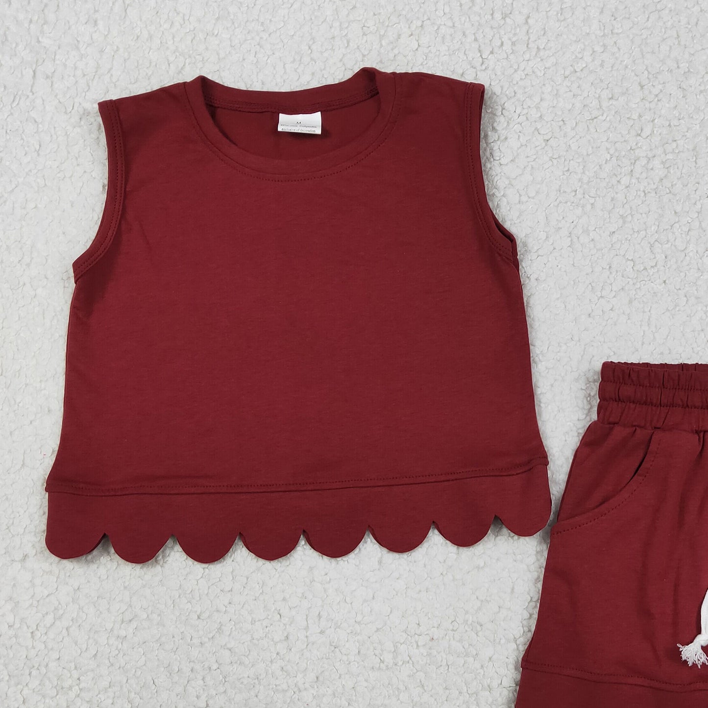 GSSO3734 RTS NO MOQ （In stock ）Sleeveless maroon scallop top shorts kids girls team outfits