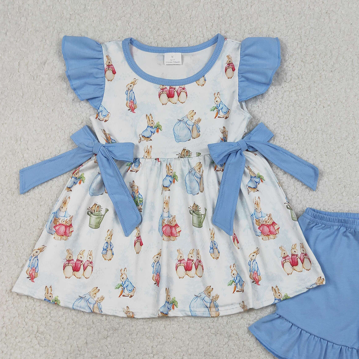 1.14 RTS NO MOQ （In stock）GSSO3055 Baby Girls Flutter Sleeve Rabbits Bows Tunic Ruffle Shorts Easter Clothes Sets