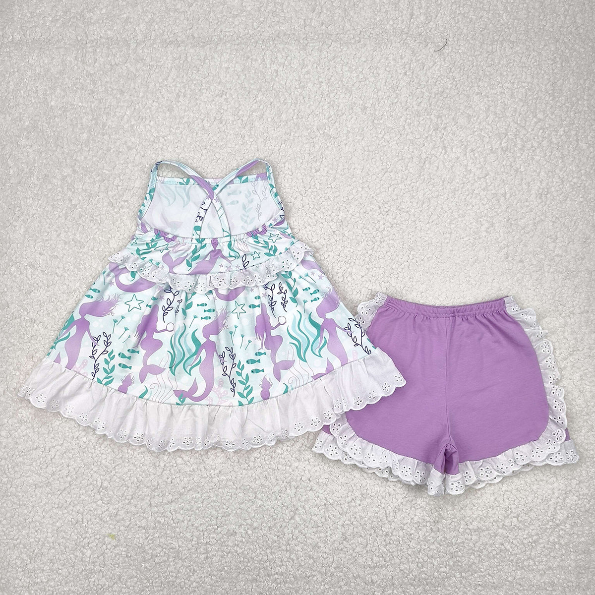 5.20 GSSO1675 RTS NO MOQ Baby Girls Summer Outfits Straps seaweed mermaid tunic ruffle shorts girls summer clothes