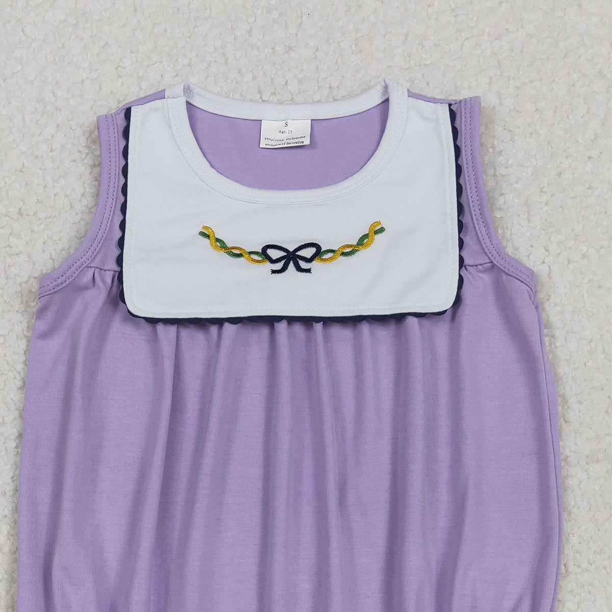 11.6 RTS NO MOQ （In stock）SR3235 Baby Girls Summer Rompers Embroidery Bows Baby Girls Sleeveless Mardigrass Ruffle Rompers