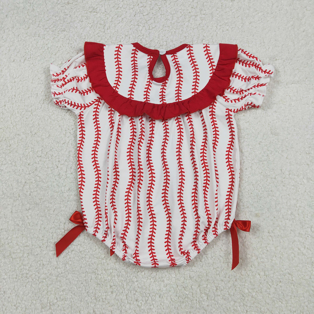 12.25 RTS NO MOQ （In stock）SR3345 Smocked Baseballs Bows Baby Girls Red Stripe Team Ruffle Rompers