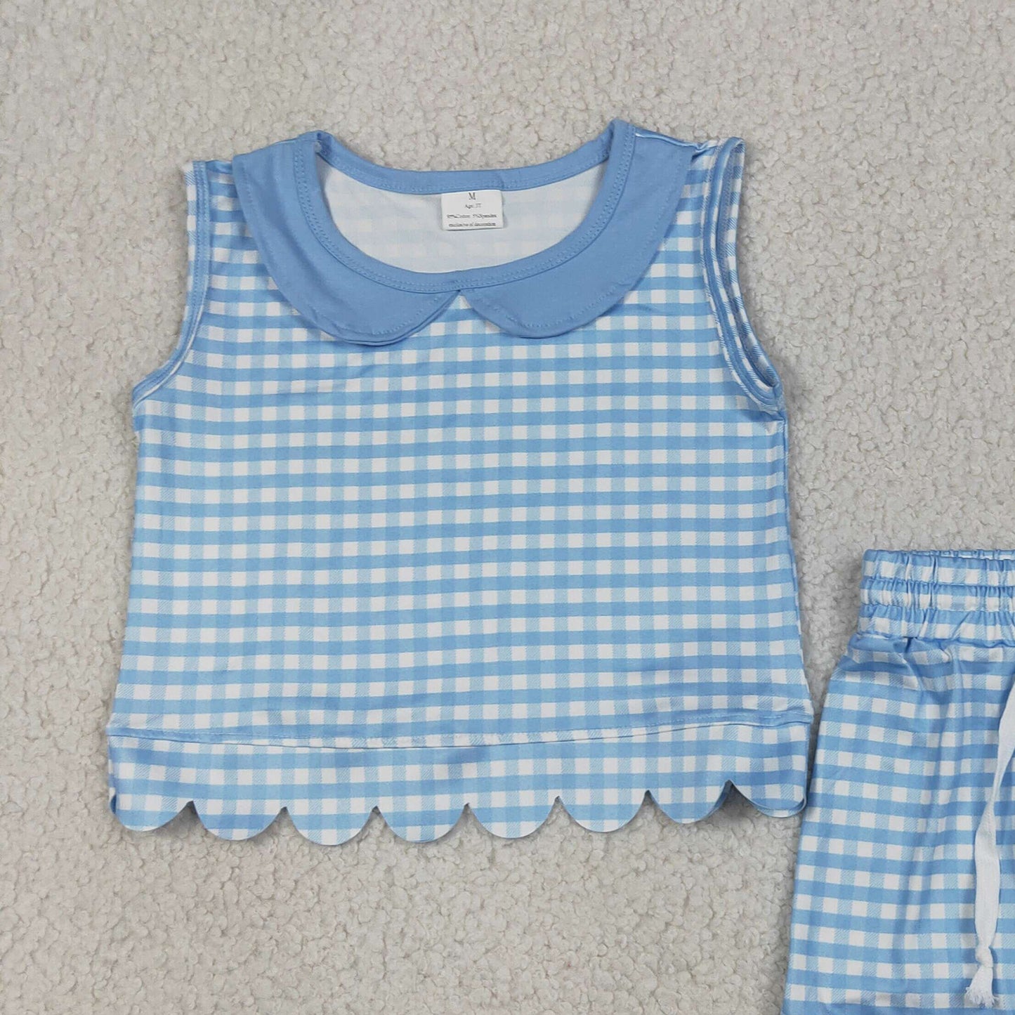 GSSO3397 RTS NO MOQ （In stock）Sleeveless light blue plaid scallop top shorts girls outfits