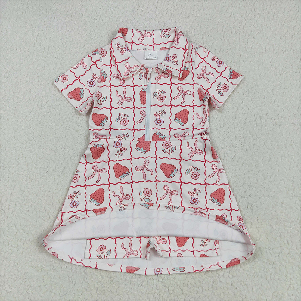 8.11  GSD2407RTS NO MOQ Baby Girls Summer Yoga Dress  Baby Girls Short Sleeves Bows Strawberry Zipper Knee Length Dresses
