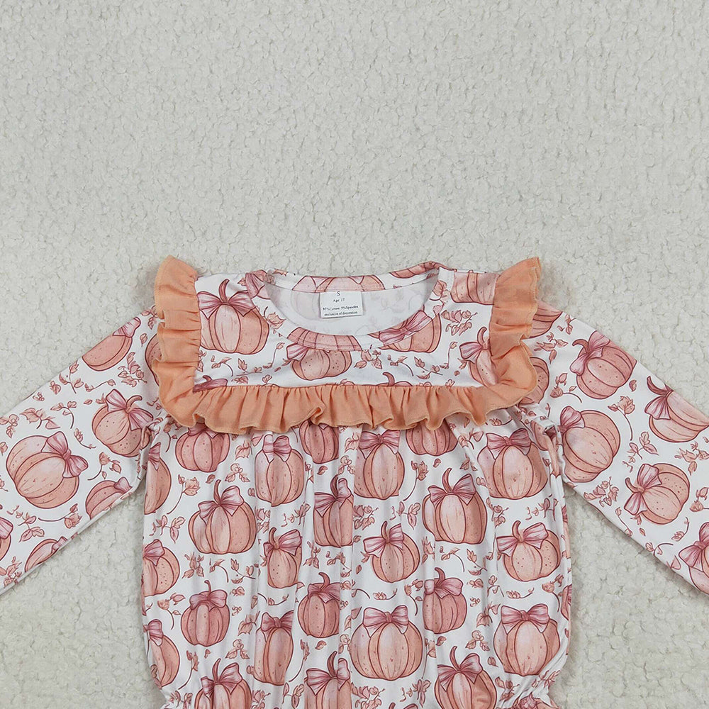 RTS NO MOQ （In stock）LR2295 Baby Girls Winter Rompers Baby Girls Long Ruffle Sleeves Bows Pumpkins Rompers
