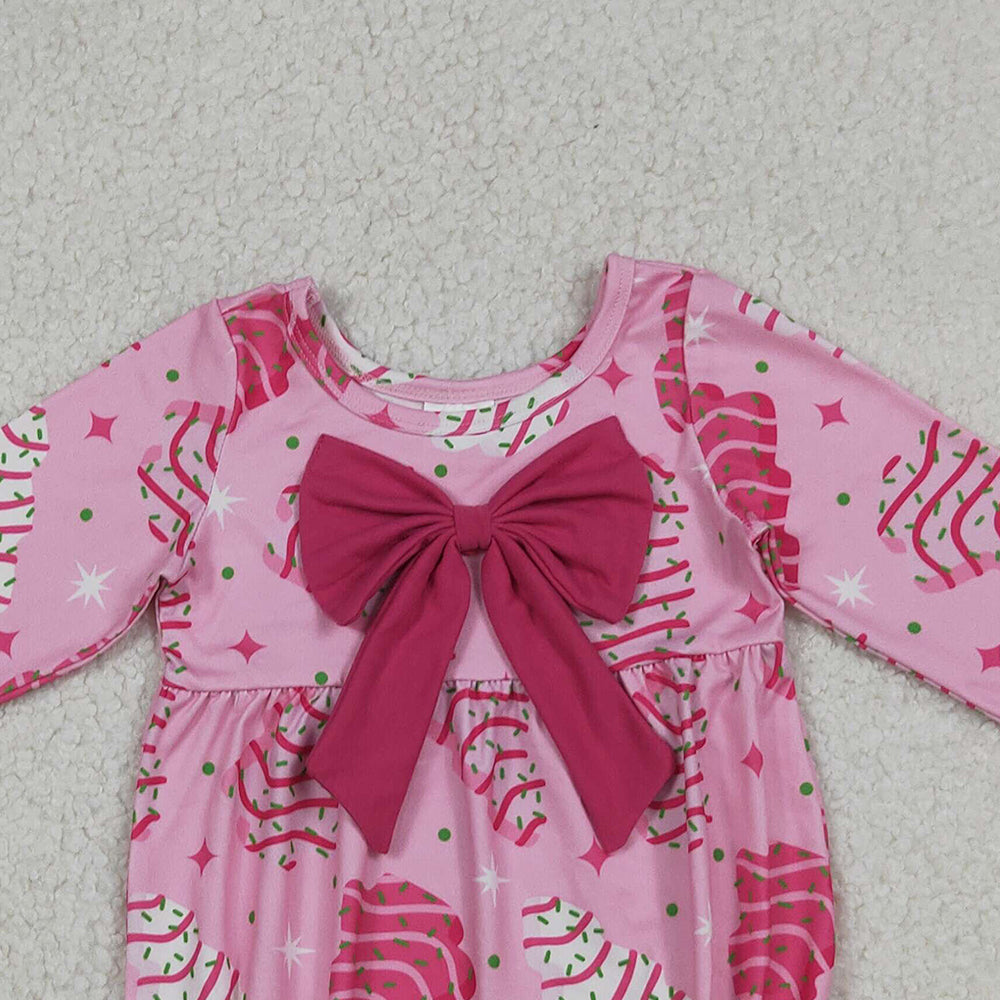 9.27 RTS NO MOQ （In stock）LR2586 Baby Girls Winter Rompers Baby Girls Pink Stripe Trees Stars Bow Top Christmas Ruffle Rompers