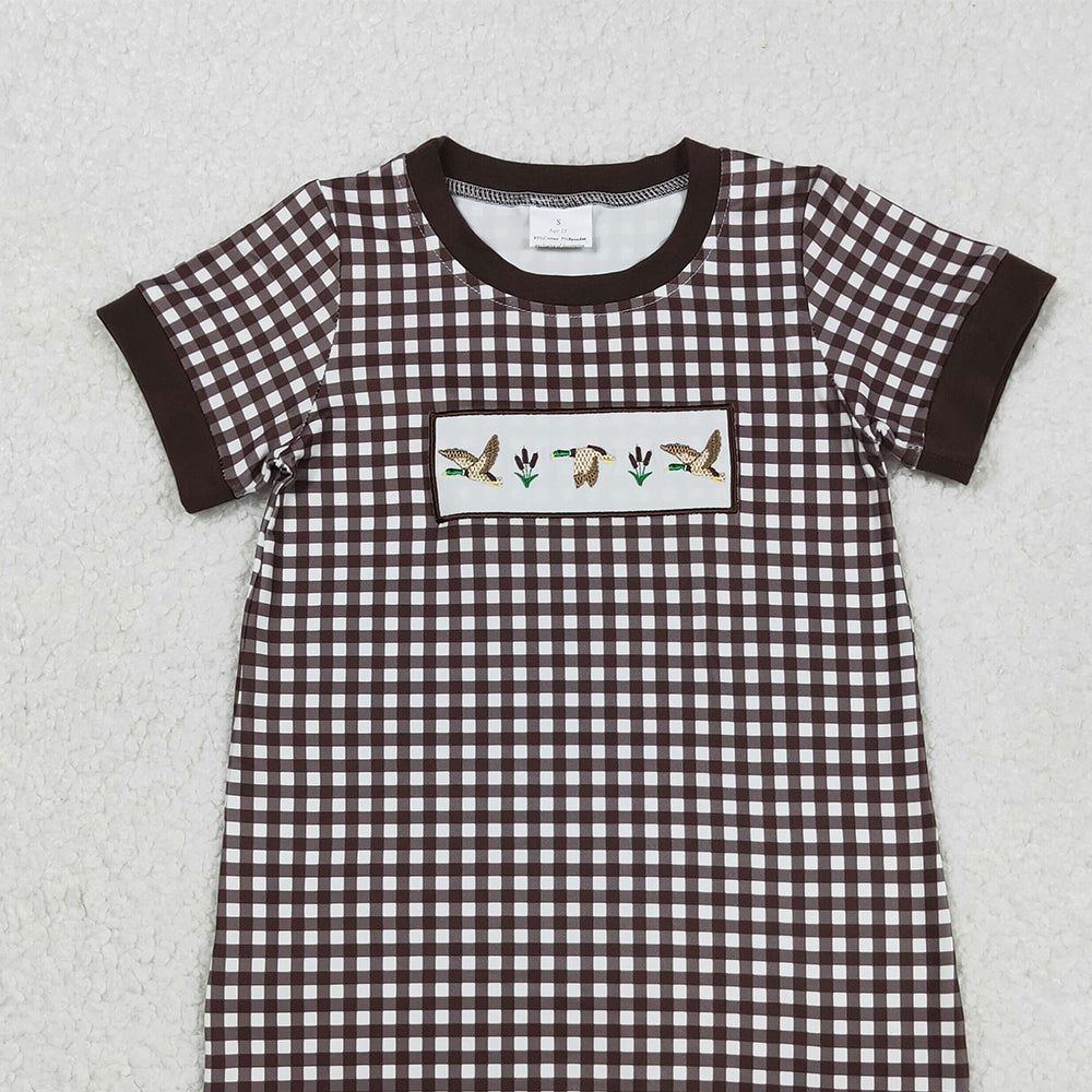 RTS NO MOQ （In stock）SR3164 Baby Boys Summer Rompers Brown Plaid Short Rompers with Ducks Design Short Sleeves Cute Infant Outfit