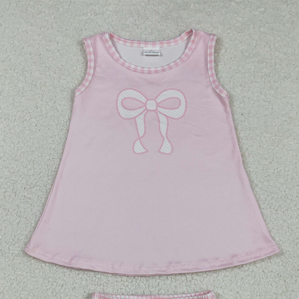 RTS NO MOQ （In stock）GBO0469 Baby Girls Summer Outfits Baby Girls Light Pink Sleeveless Bow Tunic Bummies Clothes Set