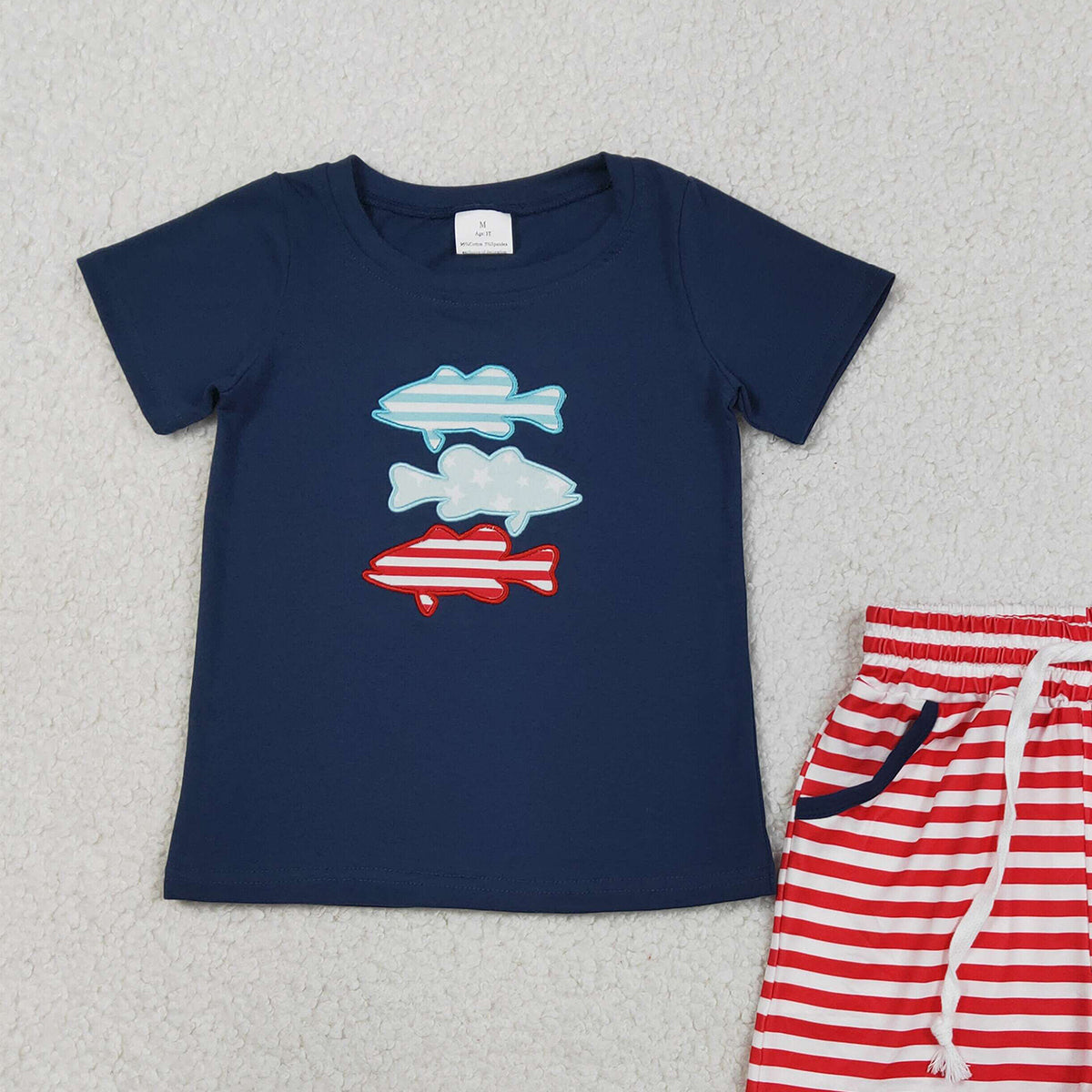 3.14 RTS NO MOQ （In stock）BSSO1741 Fashion Clothing For Baby Boys Embroidery Fishes Top Stripe Pockets Shorts 4th of July Clothes Sets