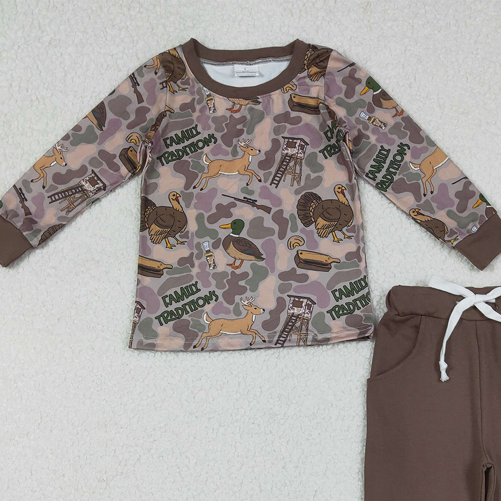 9.30 RTS NO MOQ （In stock）BLP1178  Baby Boys Winter Outfits Baby Boys Brown Turkey Ducks Camo Top Pockets Pant Hunting Clothes Set