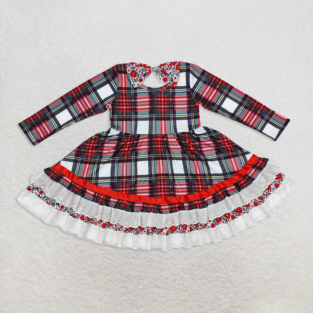 GLD0838RTS NO MOQ Baby Girls Winter Dress  Baby Girls Christmas Green Red Checkered Ruffle Knee Length Dresses