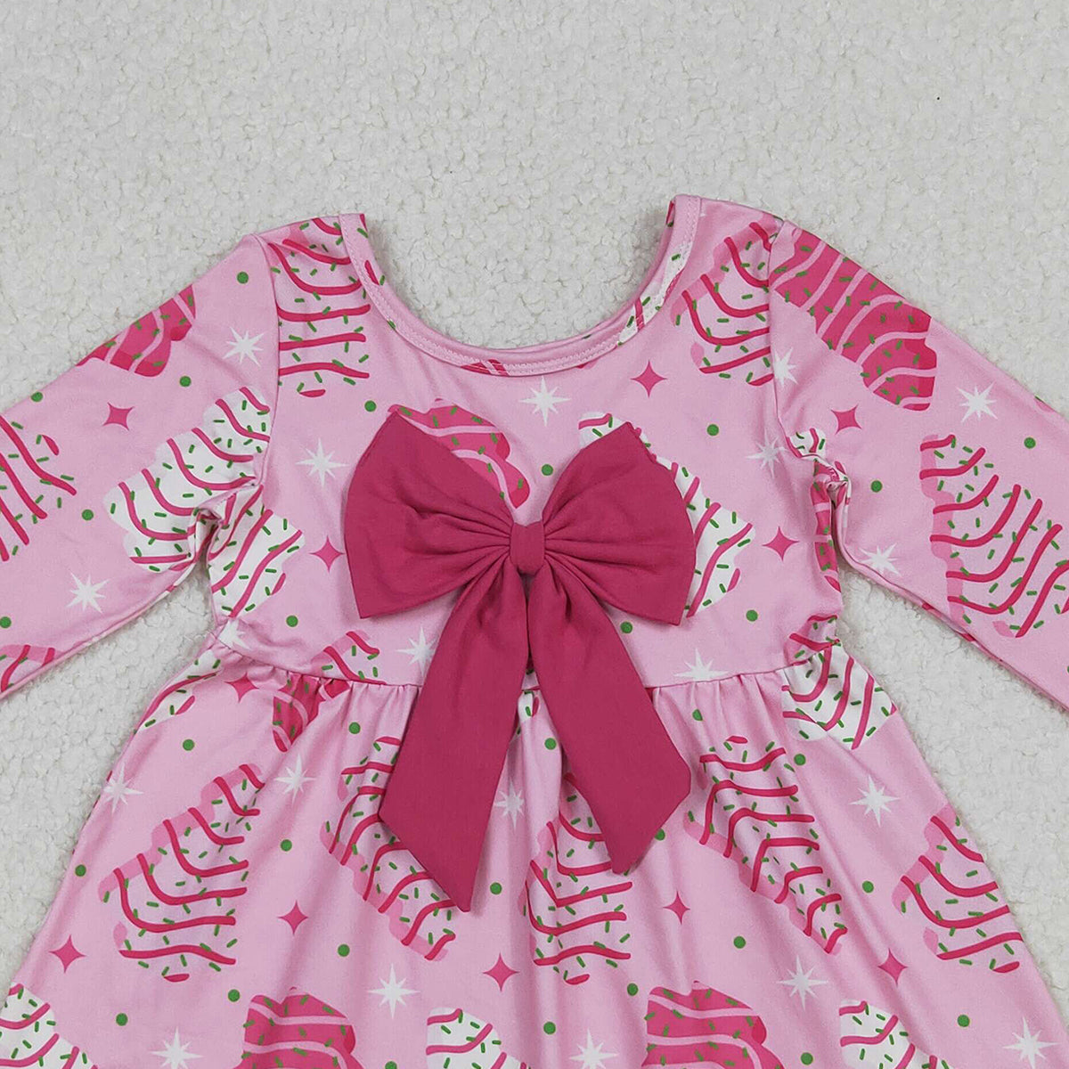 10.14 RTS NO MOQ （In stock）GLD1276 Baby Girls Winter Dress Baby Girls Pink Stripe Trees Stars Bow Christmas Ruffle Knee Length Dresses