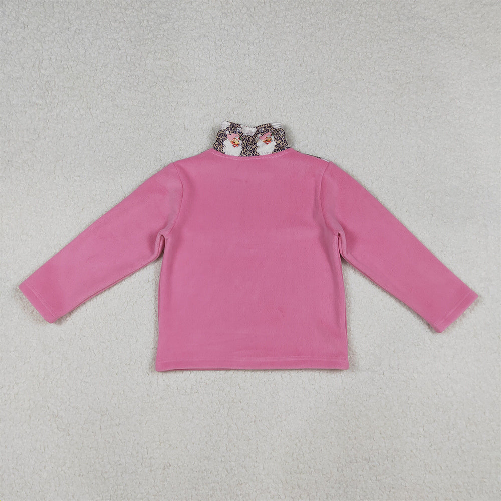 RTS NO MOQ （In stock）GT1151 Baby Girls Long Sleeve Tops Santa Leopard Christmas Half Zipper Pullover Sherpa Tops