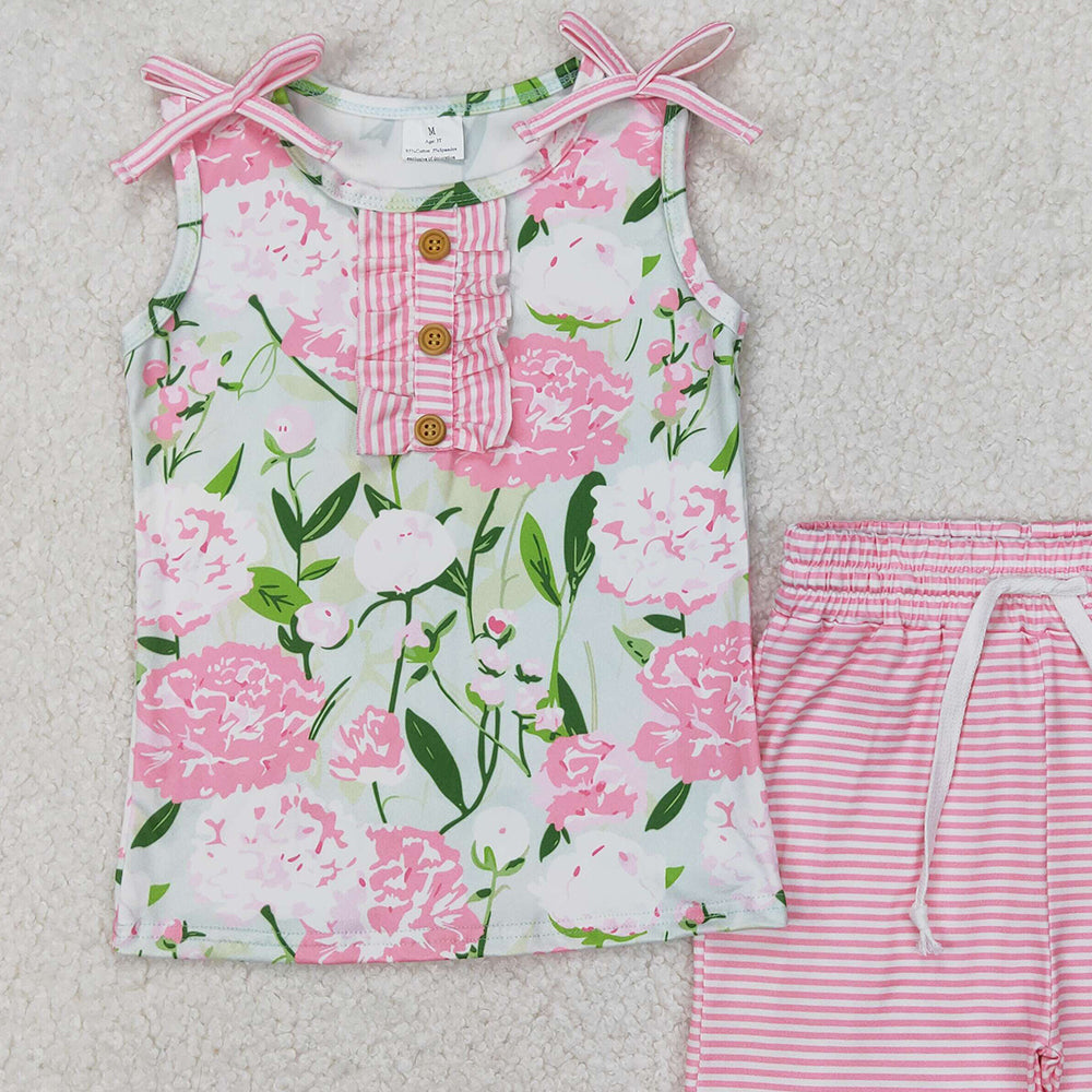 5.16 GSSO2357 RTS NO MOQ Sleeveless pink floral top stripe shorts girls clothing set