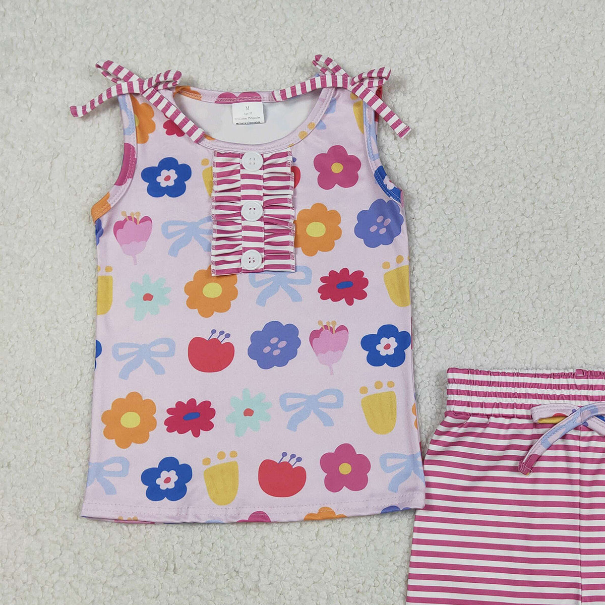 12.4 RTS NO MOQ （In stock）GSSO2830 Baby Girls Colorful Flowers Button Top Stripe Shorts Clothes Sets