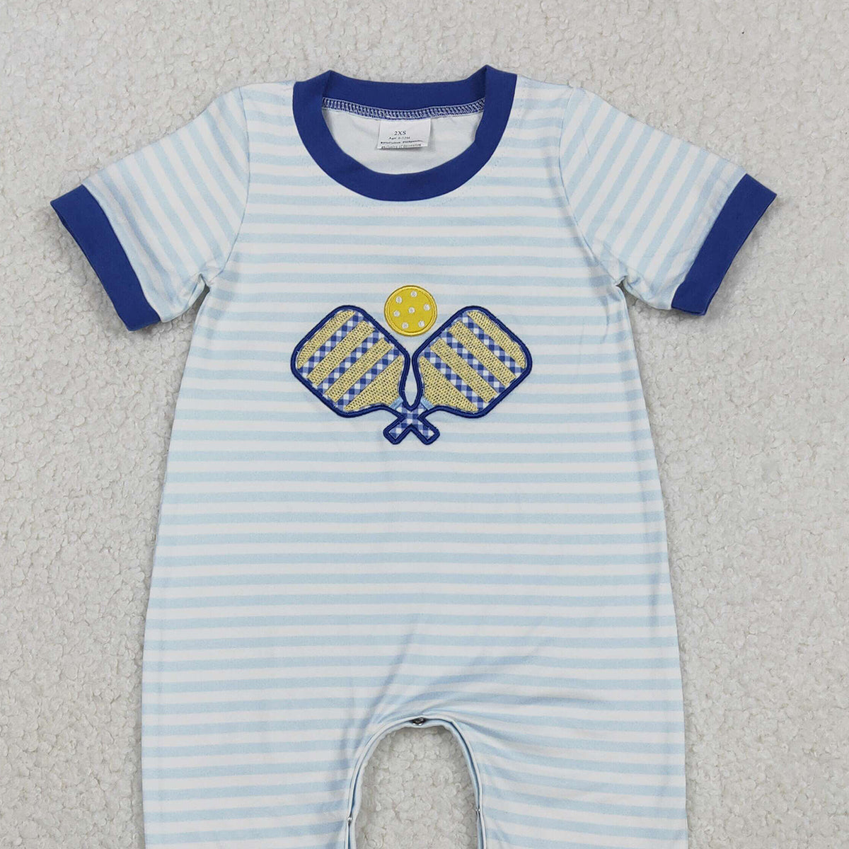 12.2 RTS NO MOQ （In stock）SR3331 Baby Boys Rompers Embroidery Tennis Balls Baby Boys Stripe Team Footie Rompers