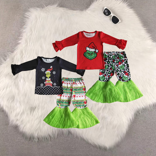 8.23 RTS Sibling Baby Green face red shirt faux fur bell bottom pants girls Christmas clothes
