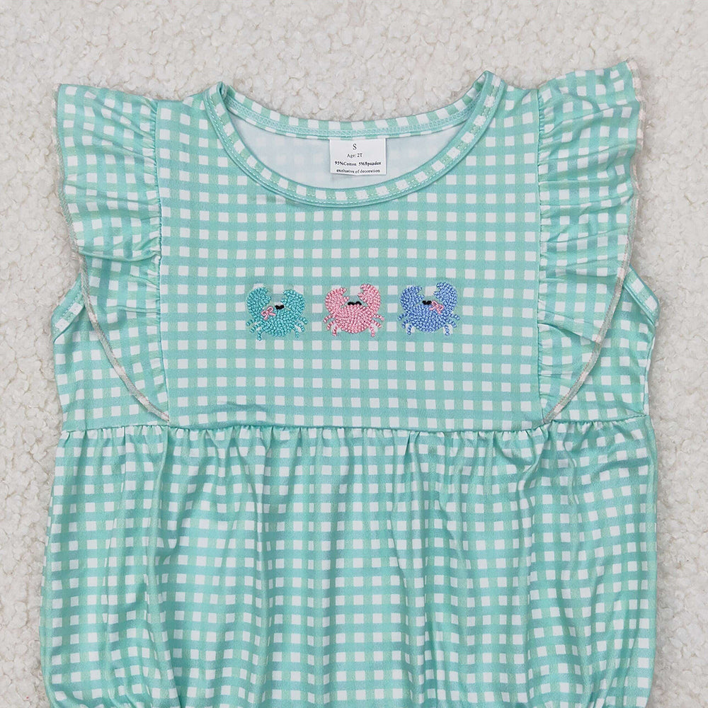 6.11   SR2659 RTS NO MOQ Baby Girls Summer Romper Flutter sleeves plaid crab baby girls summer romper