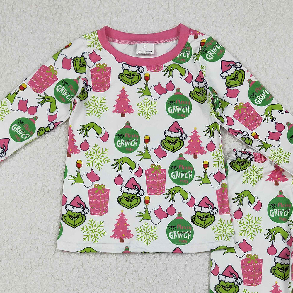 RTS NO MOQ （In stock）GLP2733 Baby Girls Winter Outfits Green Face Gifts Top Pants Christmas Pajamas Sets